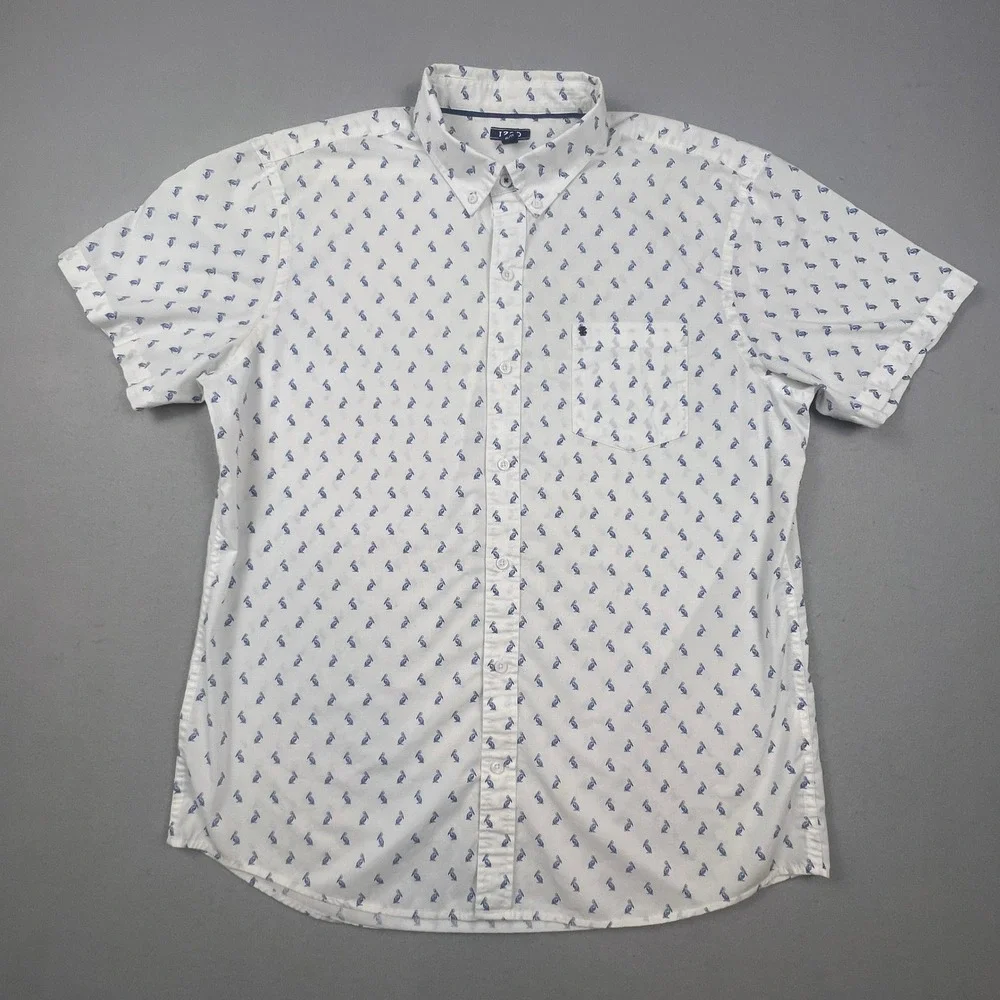Coastal Button Down Shirt Mens XL White Blue Pelican‎ Bird Print Short Sleeve